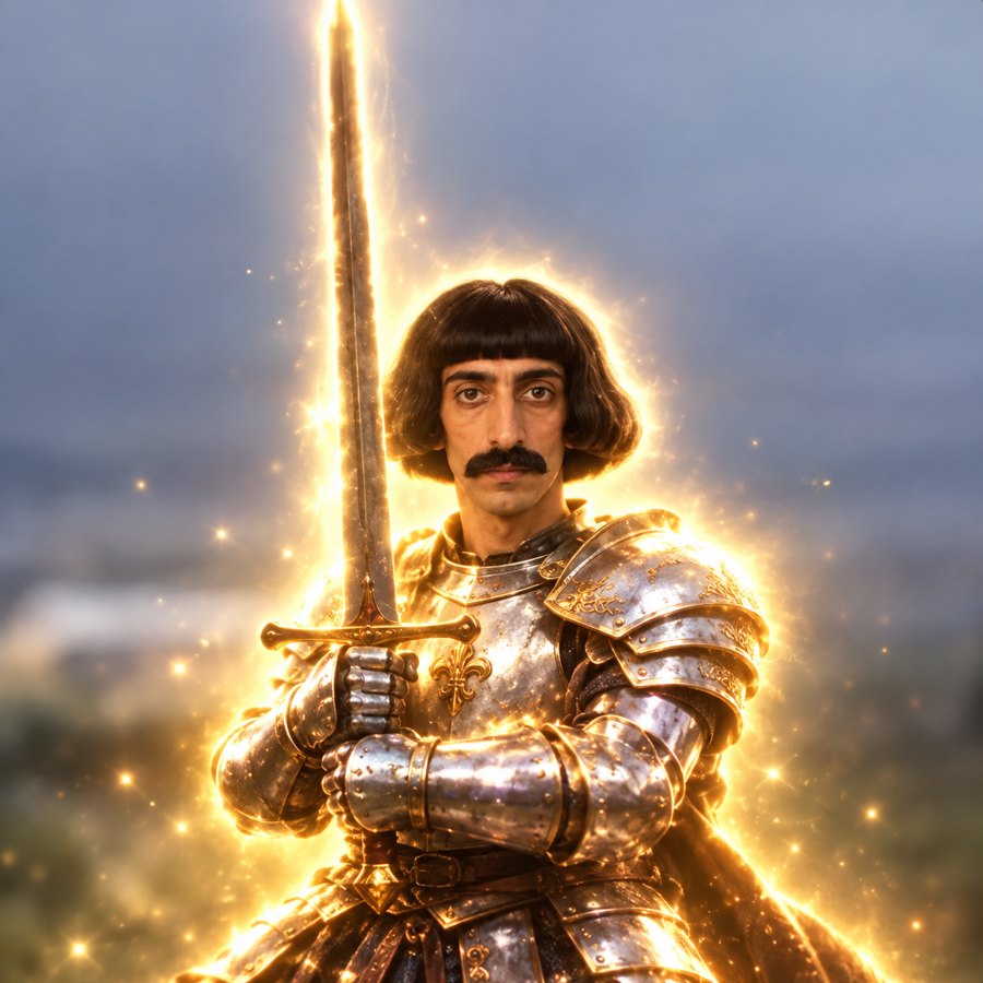 Abu in shining armor holding a glowing sword